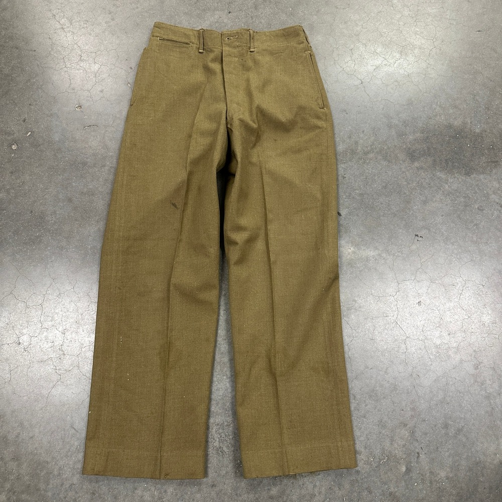 Vintage WW2 Military Wool Trousers Olive Drab Button Fly High Rise Pants 33x31